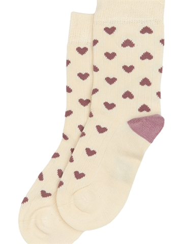 Minipop strømper i off-white med små rosa hjerter set forfra